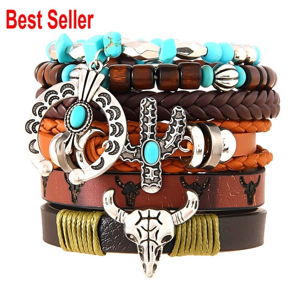 Alloy Steel Stretch Bracelet with Turquoise Beads and Cow Head Charm